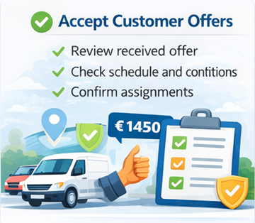 Accept Customer Transport Offers on ExusTrans Driver reviewing and accepting transport offer with confirmed price and delivery conditions on ExusTrans platform