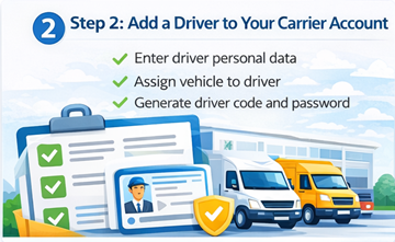 Add Driver and Assign Vehicle on ExusTrans Carrier adding driver and assigning vehicle in ExusTrans dashboard with generated login code and security verification