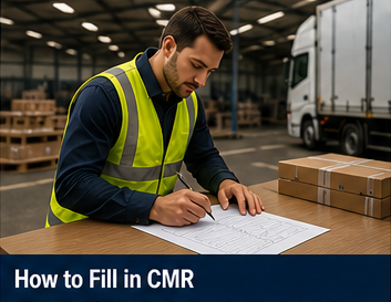 Truck driver filling out CMR document before departure checking shipment details