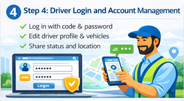Driver Login and Account Management on ExusTrans Professional driver logging into ExusTrans account using access code and managing profile, status, and location