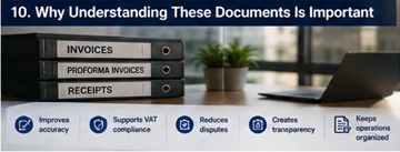 Organized business documents including invoice receipt and transport paperwork in logistics office