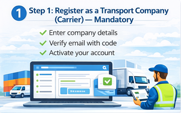 Register Transport Company Account on ExusTrans Transport company registering a carrier account on ExusTrans platform with company verification and activation process