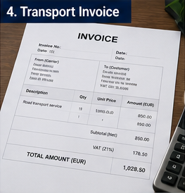 Transport invoice with VAT and freight cost breakdown for logistics services