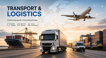 Transport and logistics process showing trucks warehouses and goods moving across Europe supply chain