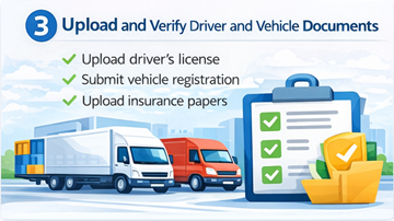 Upload and Verify Driver and Vehicle Documents on ExusTrans Transport company uploading driver license and vehicle documents in PDF format for verification on ExusTrans platform